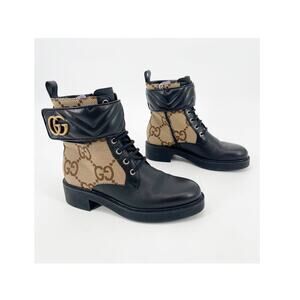Gucci Flores Black Camel GG Canvas Logo Leather Matelasse Ankle Boots EU 37